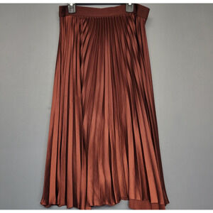 H&M Skirt Womens 12 Rust Brown Pleated Satin Midi Elastic Waist Accordion Flowy